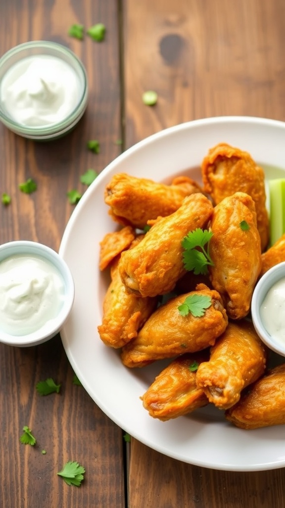 Crispy air fryer chicken wings served with blue cheese dressing and celery sticks on a rustic table.